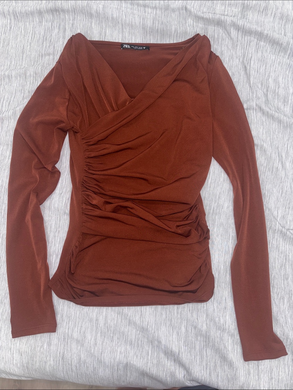 Zara Burnt Orange Long-Sleeve Ruched Wrap Top